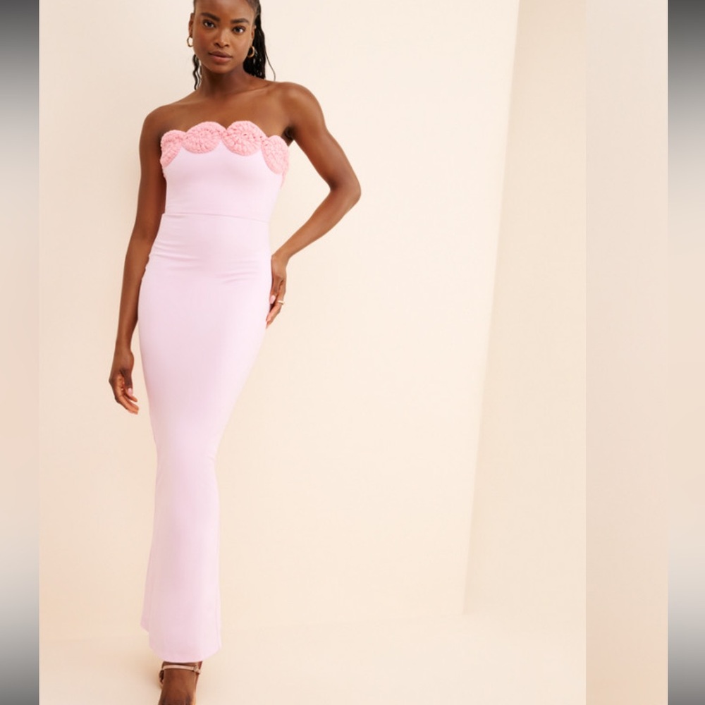 New Elexiay x Anthropologie Edo Maxi Dress Crochet Rosettes Sz L Pink